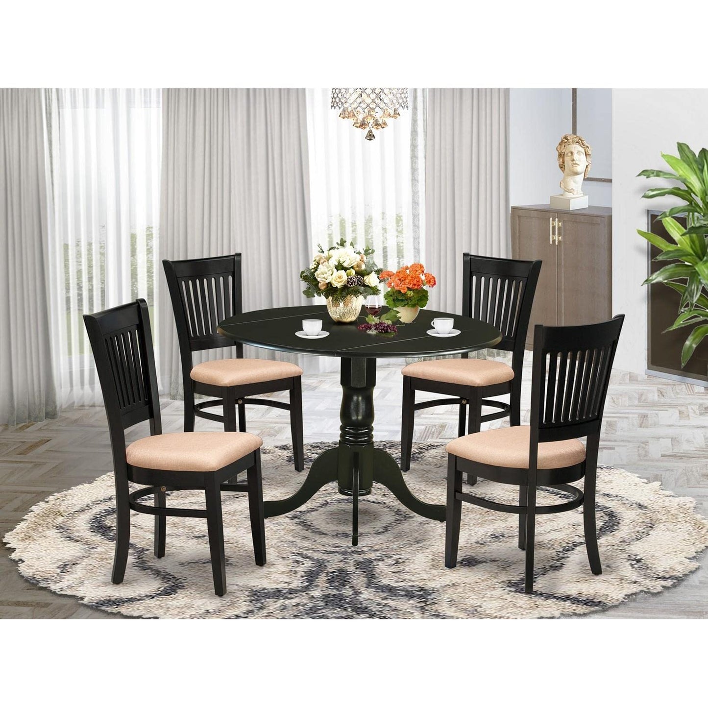 East West Furniture Dublin 5 Piece Dining Set for 4 Includes a Round Kitchen Table with Dropleaf and 4 Linen Fabric Upholstered Dinette Chairs, 42x42 Inch, Black - WoodArtSupply