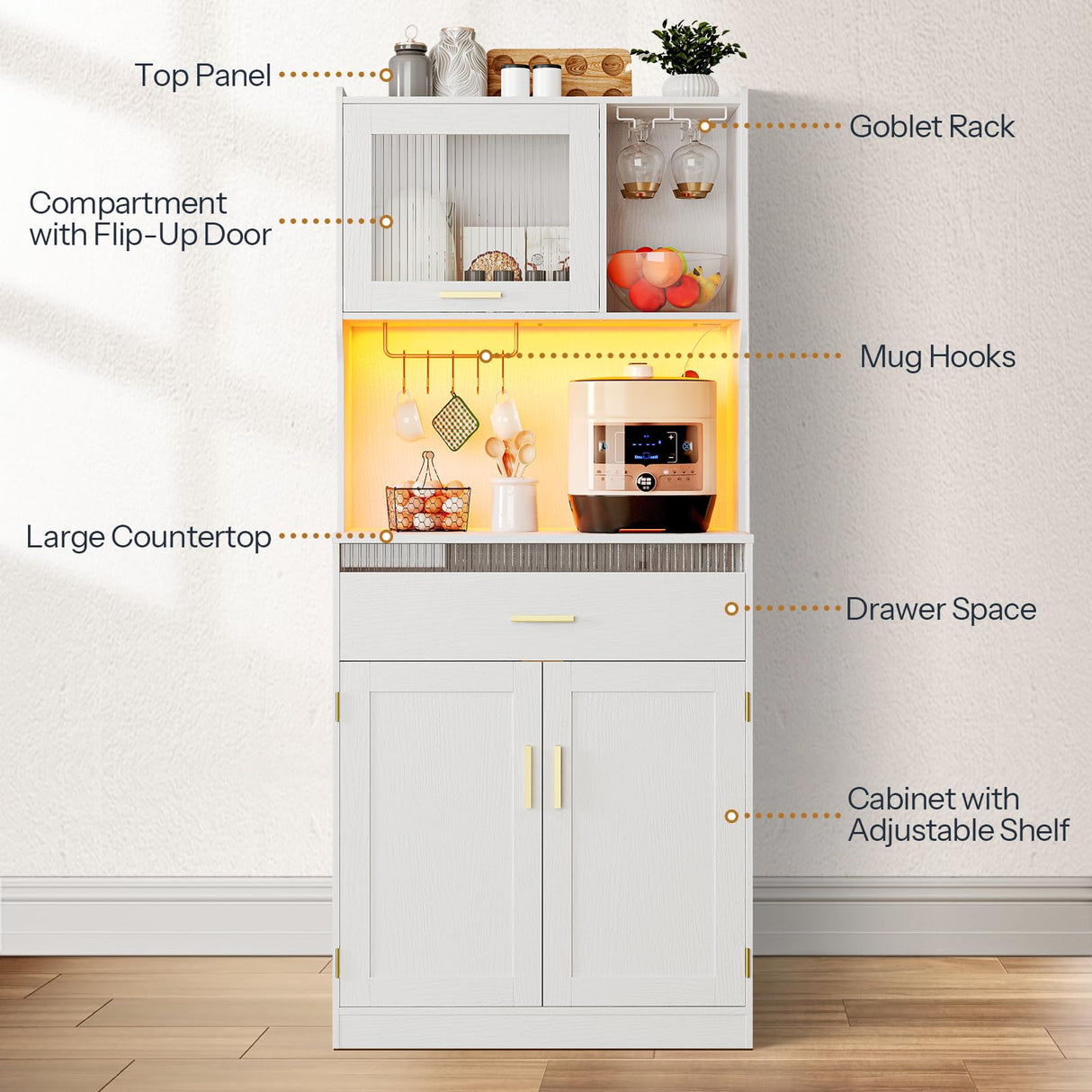 HOOBRO Pantry Cabinet, 67" Kitchen Pantry Storage Cabinet with LED Lights and Charging Station, Modern Hutch Cabinet with Microwave Stand, Cup and Goblet Holders, Shelves for Kitchen, White HOOBRO