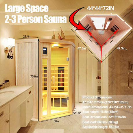 KUNSANA 2-3 Person Infrared Saunas for Home, Low EMF Ceramic Infrared Sauna, Indoor Home Sauna Spa, Hemlock Wooden Corner Suana Room, Bluetooth Speakers, Chromotherapy Lights KUNSANA
