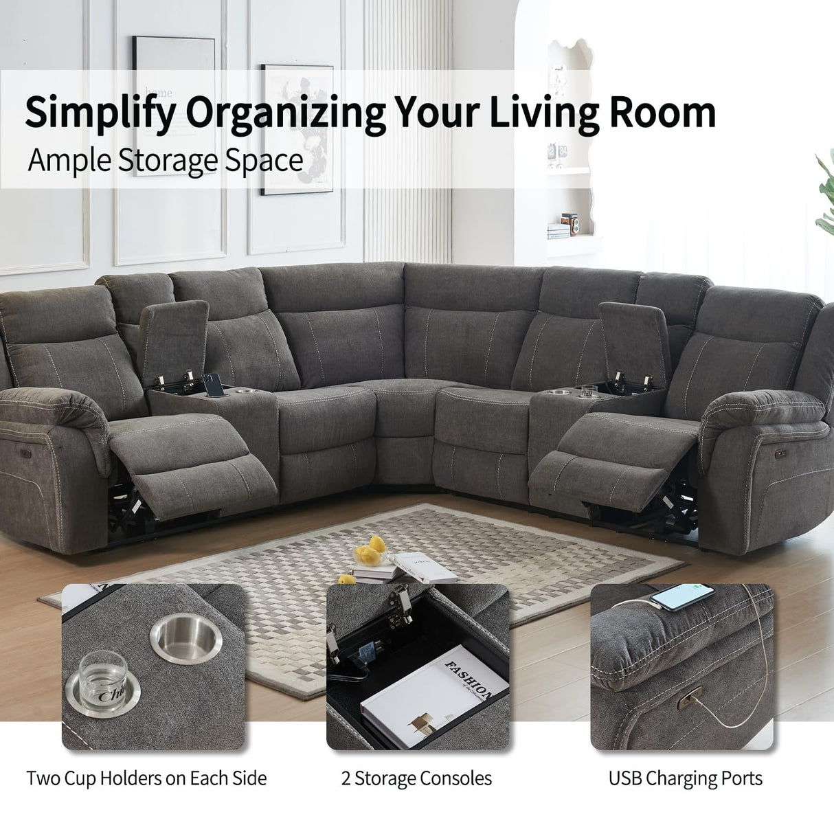 Power Reclining Sectional Sofa Set, Premium Fabric Recliner Couch with USB Port/Console Storage/Cup Holders Home Theater Sectional Sofa Set Secsofier