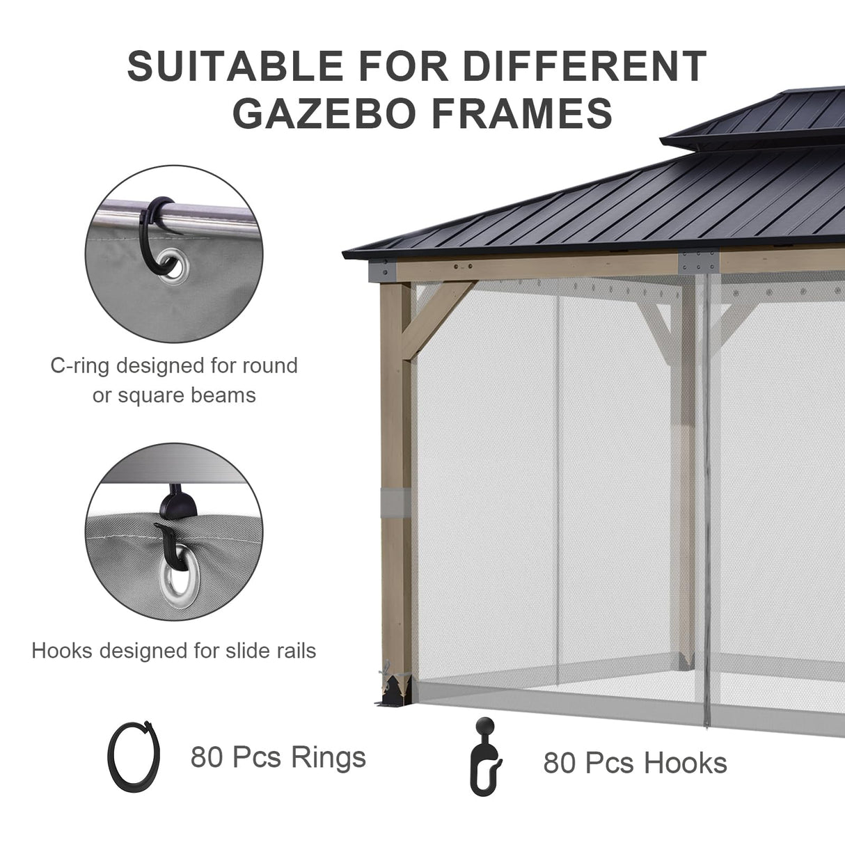 BPS 12' x 14' Gazebo Universal Mosquito Netting Screen Replacement, 4-Panel Screen Walls with Double Zippers for Outdoor Patio, Gray (Mosquito Net Only) BPS