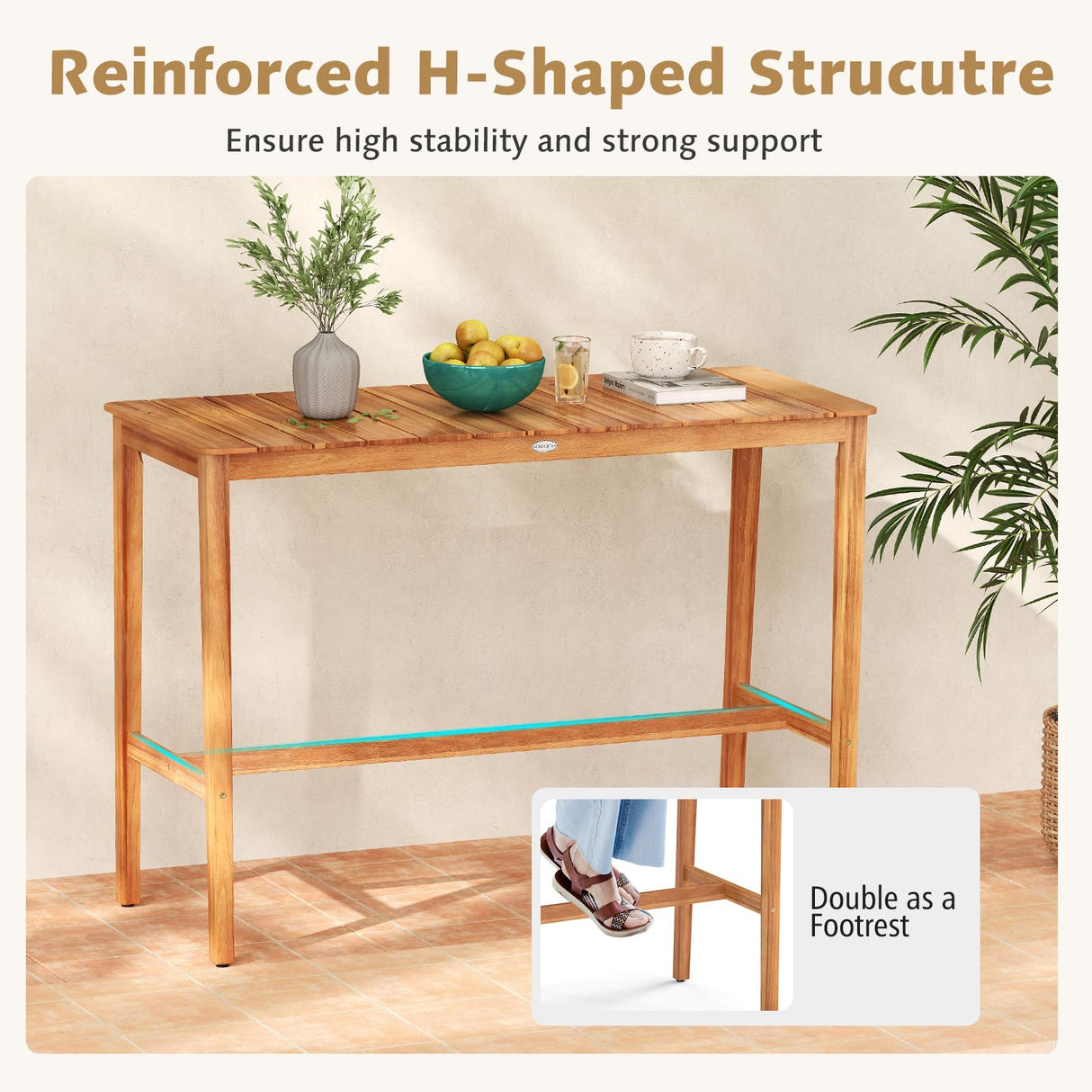 Tangkula Patio Bar Table, 54” x 22” Acacia Wood Counter Height Table with Slatted Tabletop & Footrest Crossbar, Rectangle High Top Table for Backyard, Poolside, Balcony Tangkula