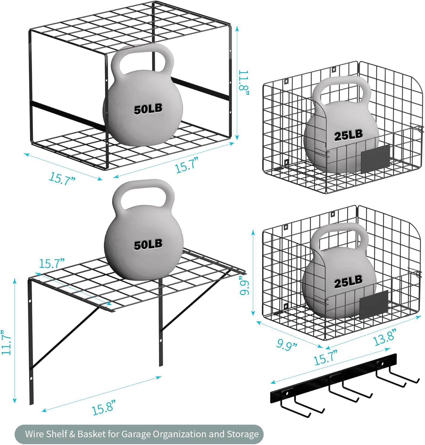 Niovrooro Garage Shelving Wall Mounted with Wire Baskets and Hooks,Basement Hanging Storage and Organizers,Heavy Duty Organization Shelves,Wall Storage Rack