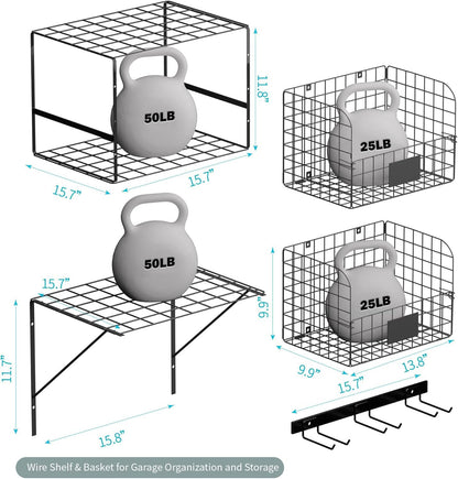 Niovrooro Garage Shelving Wall Mounted with Wire Baskets and Hooks,Basement Hanging Storage and Organizers,Heavy Duty Organization Shelves,Wall Storage Rack