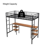 LINKHOO Twin Size Loft Bed with Table & Shelves, Heavy-Duty Metal Bed Frame with 2 Side Ladders, Safety Guardrail for Guest Room, Bedroom, No Box Spring Needed, Black LINKHOO
