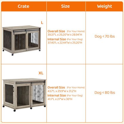 IchbinGo Large Dog Crate Furniture with Sliding Barn Door, 43.7" Wooden Dog Kennel End Table with Wheels and Flip-top Plate Dog House with Detachable Divider for Small/Medium/Large Dog (Rusti - WoodArtSupply