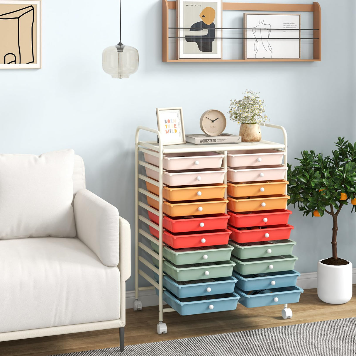 Giantex 20 Drawers Rolling Cart, Mobile Storage Drawer Cart, Classroom Organizer Cart for Office School Supplies Teacher Tools Scrapbook Paper Craft Small Printer, Utility Cart on Wheels, Macaron Giantex