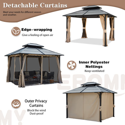 EROMMY 10' x 12' Metal Steel Gazebo, Outdoor Aluminum Hardtop Canopy with Netting and Shaded Curtains, Double Roof Pergolas, Permanent Metal Pavilion for Patio, Backyard, Deck, Lawn, Poolside - WoodArtSupply