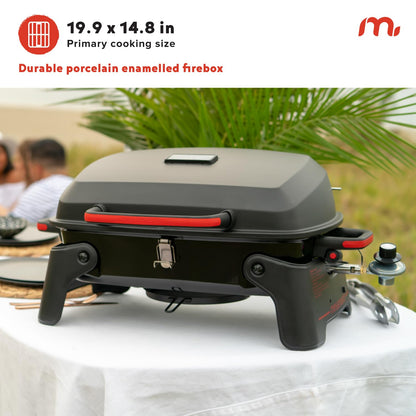 Megamaster 820-0065C 1 Burner Portable Gas Grill for Camping, Outdoor Cooking , Outdoor Kitchen, Patio, Garden, Barbecue with Two Foldable legs, Red + Black