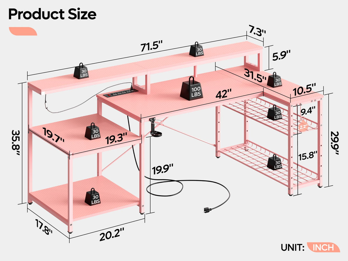 Bestier 71.5 inch Gaming Desk with Power Outlet, Large LED Computer Desk with Monitor Stand, L Shaped Desk with Storage Shelf, Cup Holder & Headset Hooks, Corner Gamer Desk for Bedroom Pink Bestier