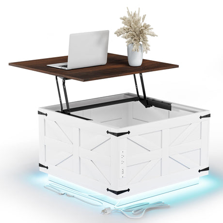 Lift Top Coffee Table with Storage Farmhouse Square Rustic Center Table for Living Room, LED Lights, Charging Station, Hinged Soft Close, Large Hidden Storage, Modern, Metal Corner, White Wood VVFLU