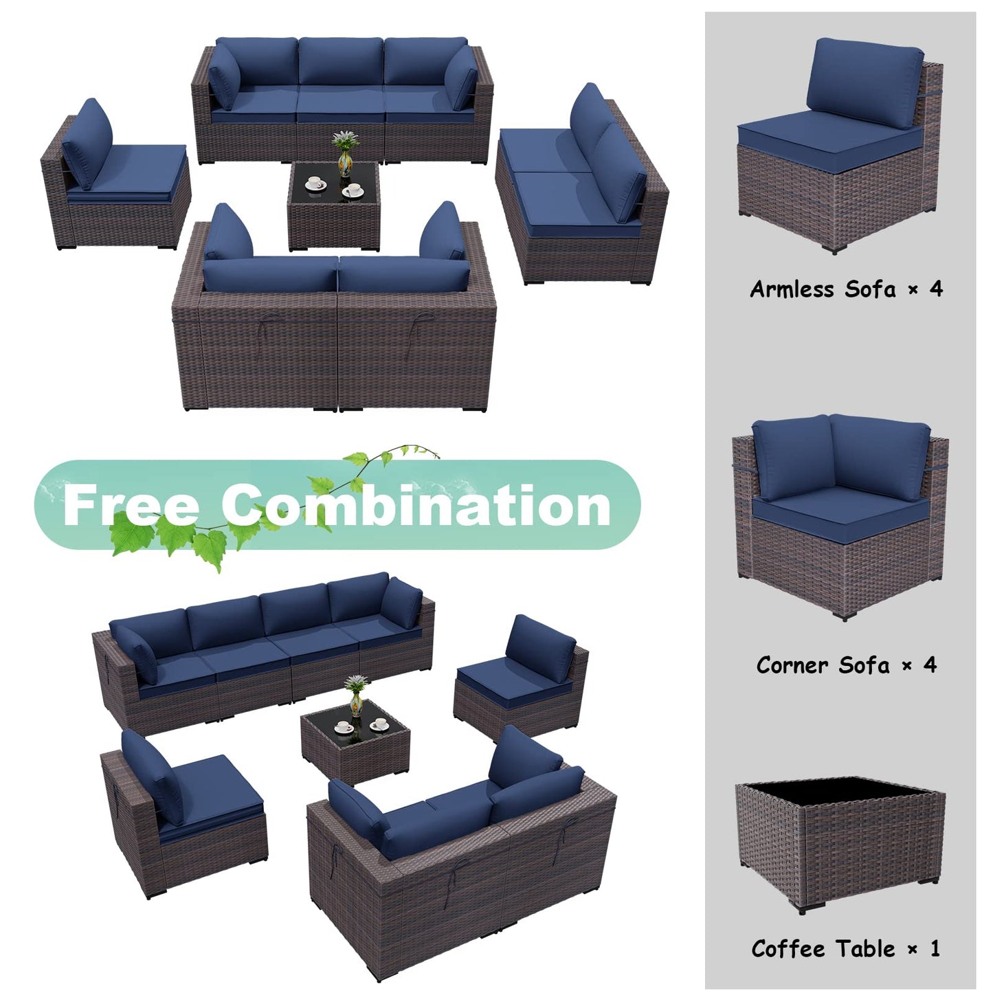 ALAULM 9 Pieces Outdoor Patio Furniture Set Sectional Sofa Sets Brown PE Rattan Patio Conversation Set w/8 Dark Blue Seat Cushions and 1 Coffee Table - WoodArtSupply