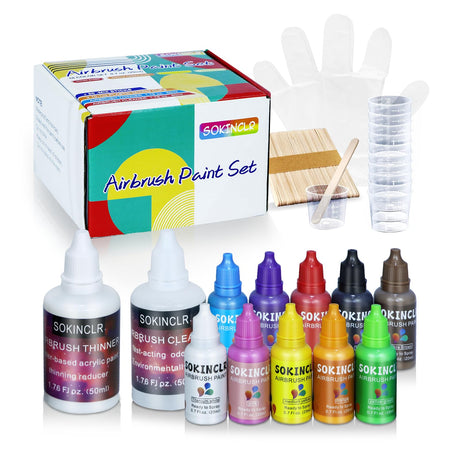 Airbrush Paint - Perfect for Artists and Beginners - Complete Water-Based Air Brush Painting Set with Thinner, Cleaner, Mixing Cups, Mixing Sticks, Gloves SOKINCLR