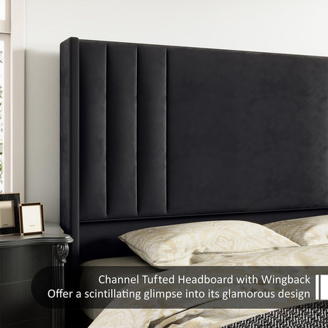 AMERLIFE King Size Bed Frame, Velvet Upholstered Platform Bed with Vertical Channel Tufted Headboard & Footboard/Wingback, Mattress Foundation with Wood Slats, No Box Spring Needed, Black AMERLIFE