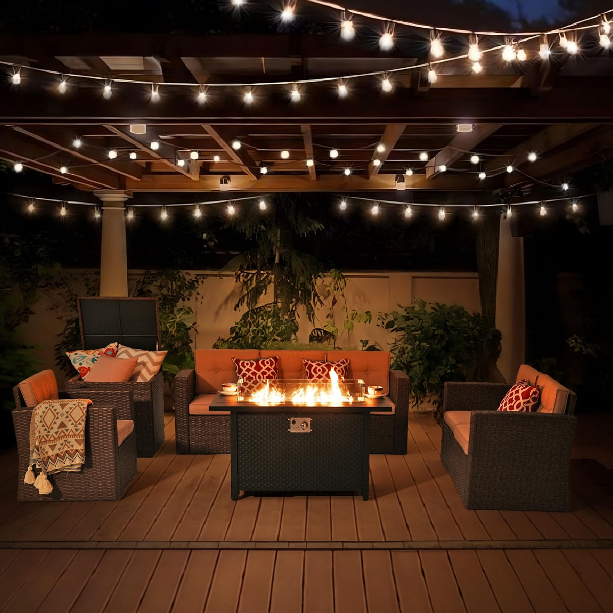 JOIVI 8 Pieces Patio Furniture Set with Fire Pit Table, Outdoor Sectional Conversation Set, Wicker Rattan Sofa Set with Storage Box for Garden, Poolside, Backyard, 3 Red Pillows Included, Brown JOIVI