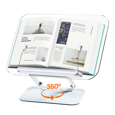 Acrylic Book Stand for Reading, Adjustable Book Holder with 360° Rotating Base & Elastic Page Clips, Foldable Desktop Riser Stand for Cookbook,Laptop,Tablet,Music Scores,Recipe,Textbook BYMECOST