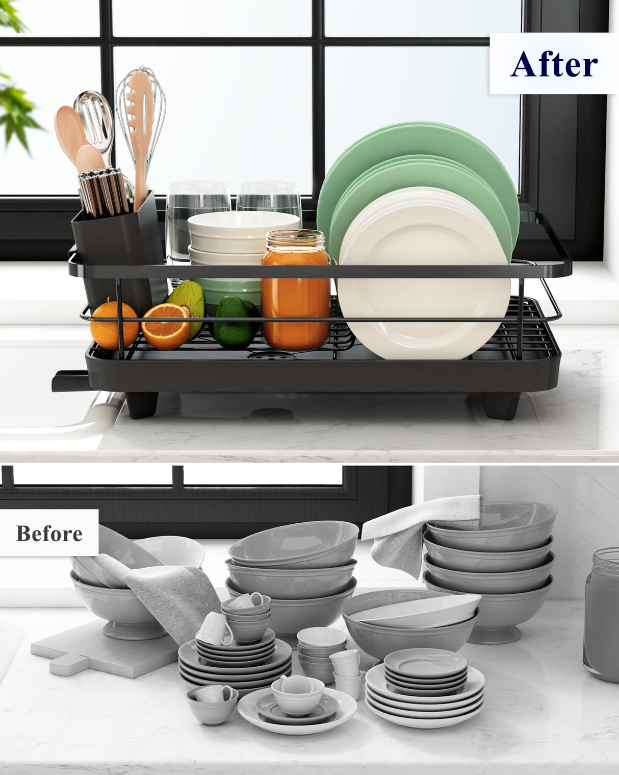 Kitsure Dish Drying Rack- Space-Saving Dish Rack, Dish Racks for Kitchen Counter, Stainless Steel Kitchen Drying Rack with a Cutlery Holder, 12''W x 15''L, Black Kitsure