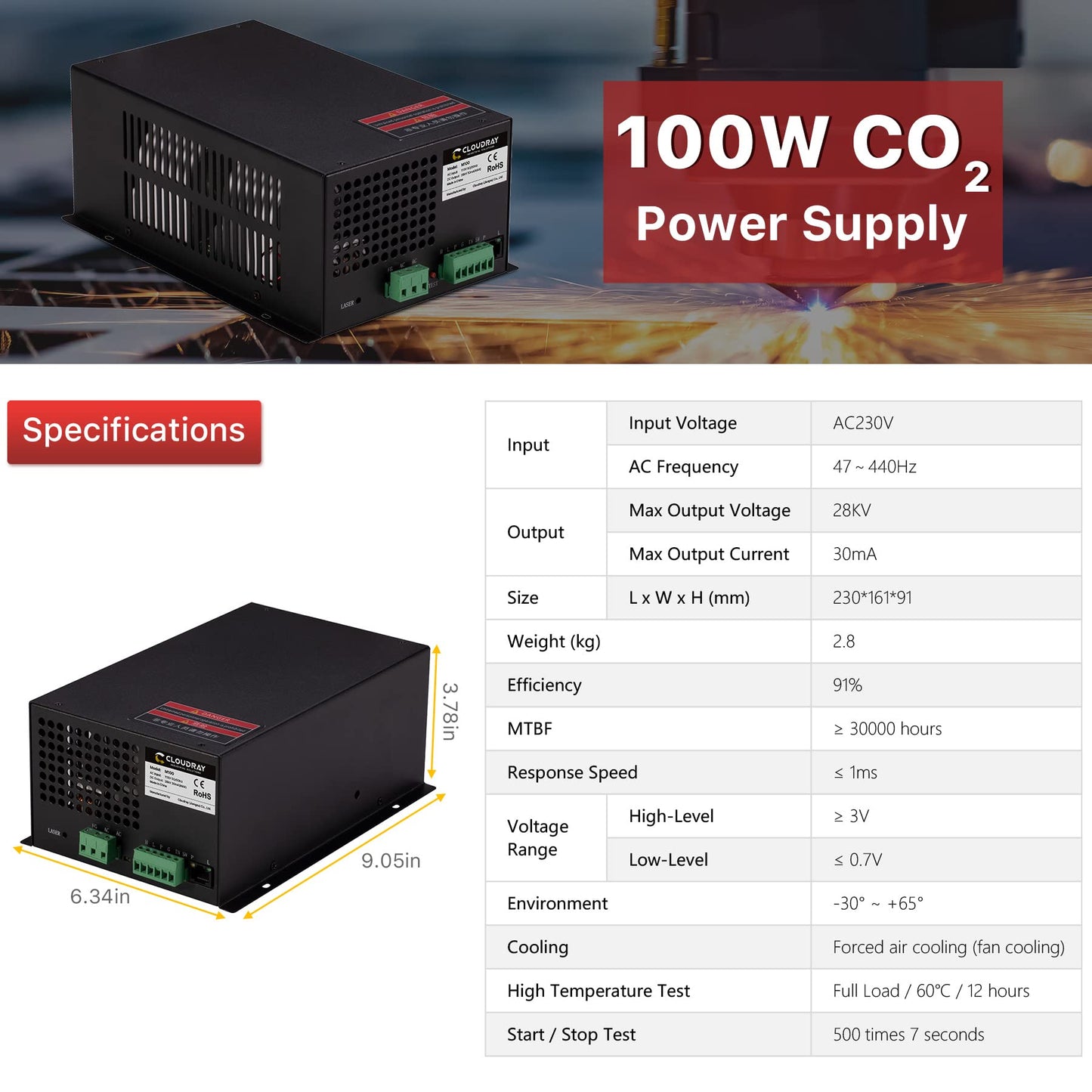 Cloudray CO2 Laser Power Supply 80-100W 220V for CO2 Laser Engraver Cutter M100（Updated MYJG100) - WoodArtSupply