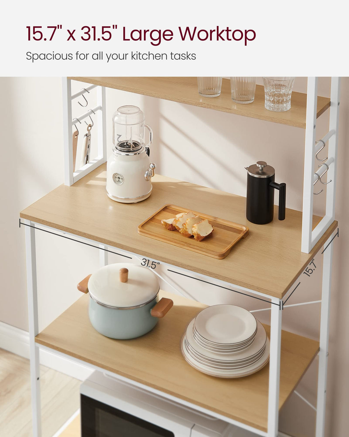 VASAGLE Oak + White 6-Tier Kitchen Baker's Rack with Adjustable Shelves & Hooks VASAGLE