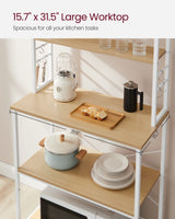 VASAGLE Oak + White 6-Tier Kitchen Baker's Rack with Adjustable Shelves & Hooks VASAGLE