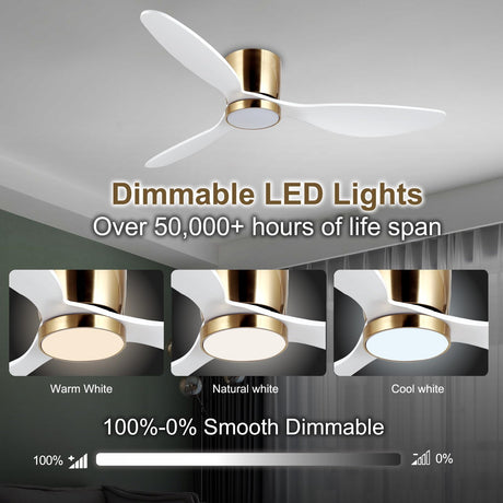 reiga 52 Inch Flush Mount White Ceiling Fan with Light Remote Control, Quiet DC Motor Low Profile 3 Wood Blade Modern Ceiling Fans for Patio Kitchen Living Room Bedroom reiga