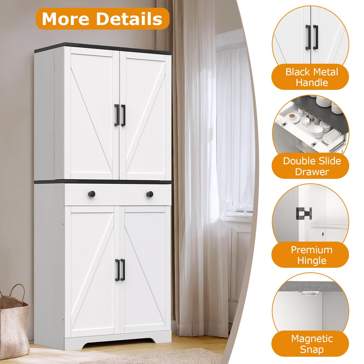 Teekyooly 72" Tall Farmhouse Kitchen Pantry Cabinet, Large Storage Cabinet with 6 Adjustable Shelves, 4 Barn Doors & Drawer for Bathroom, Dining Room, Off White Teekyooly