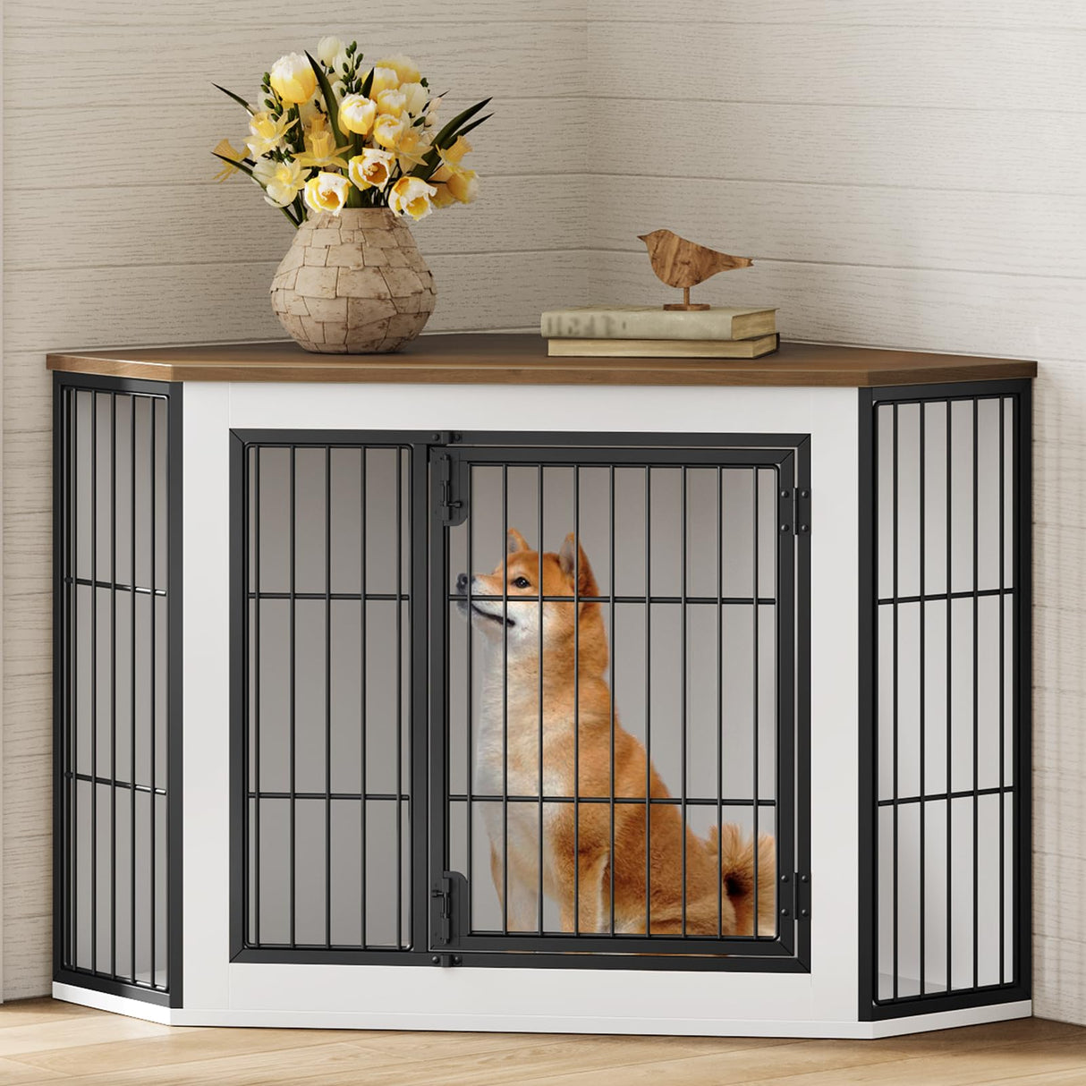 HOOBRO Corner Dog Crate Furniture, Decorative Dog Kennel End Table, Farmhouse Dog Crate TV Stand for Small and Medium Dogs, Walnut, White and Black BWH90GW03 HOOBRO