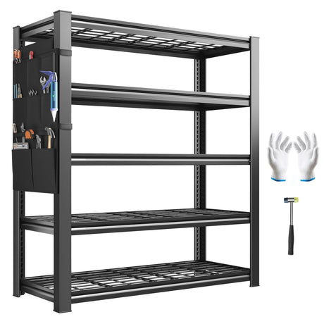 REIBII Storage Shelves, Heavy Duty Garage Shelving Load 2500LBS, 5-Tier Garage Shelves with Tool Storage Bag, Adjustable Industrial Metal Shelving for Basement, 66" H x38.2 W x16 D, Black REIBII