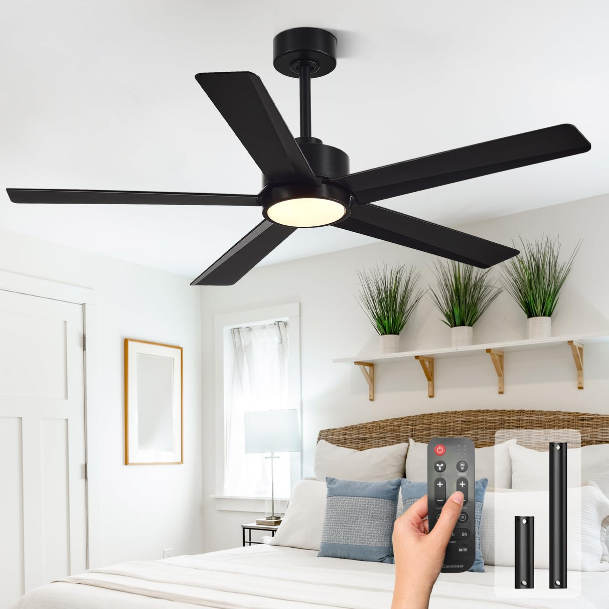 Conciseer Modern Ceiling Fans with Lights,52 Inch Ceiling Fans with Remote for Bedroom Living Room Kitchen, 18W 3CCT Dimmable，5 Blades 6 Speed Reversible Quiet DC Motor Black Conciseer
