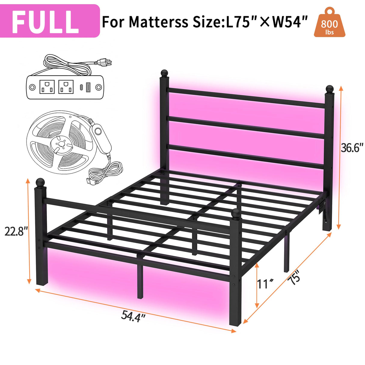 CLIBFENG Full Size Bed Frame with Headboard and Footboard,Steel Slats Support-LED Bed Frame with USB Charging Station,Mattress Foundation-Under Bed Storage, No Box Spring Needed,Noise Free,Black CLIBFENG