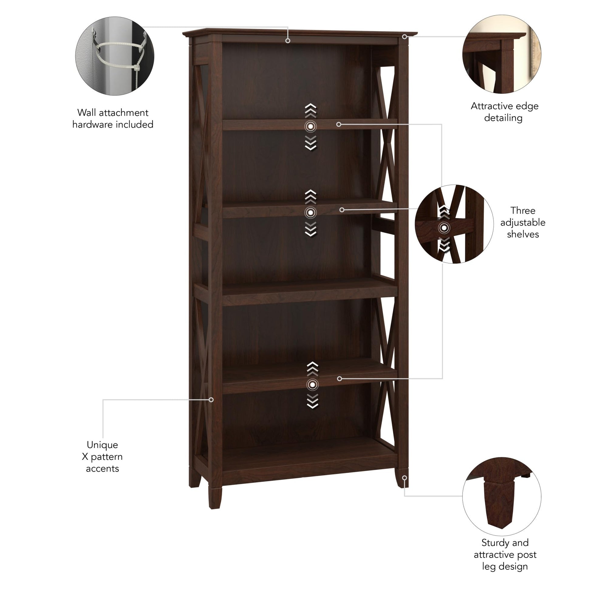 Bush Furniture Key West Tall Open Bookcase in Bing Cherry – Elegant Display Cabinet for Home or Office - WoodArtSupply