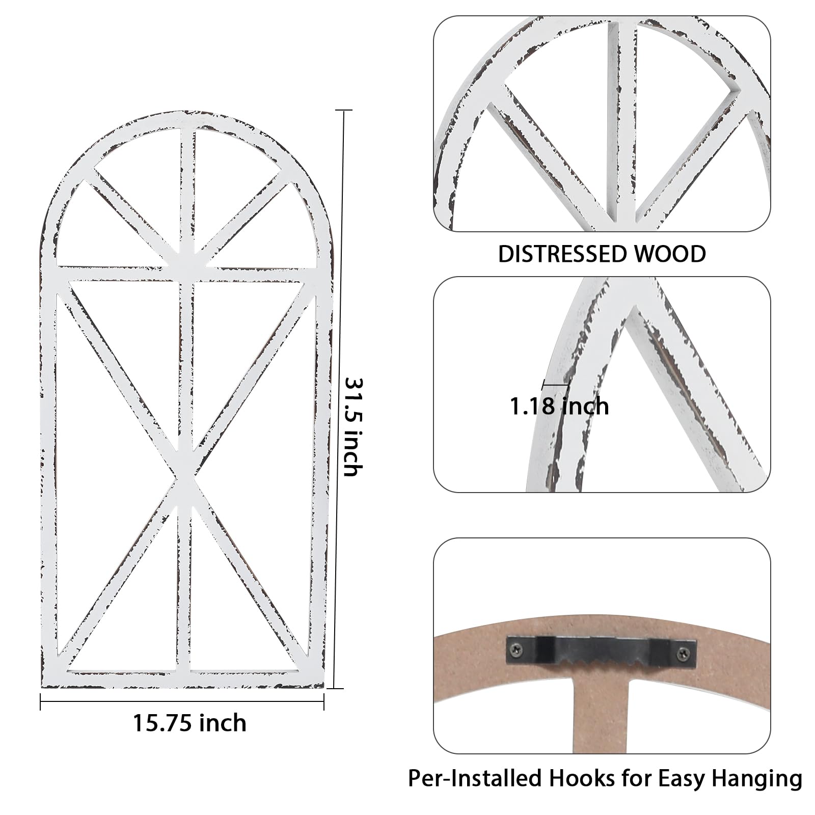 SwallowLiving 16" x 32" Rustic Cathedral Window Frame Wall Decor - Classic Farmhouse Charm for Your Home, White, Set of 2 - WoodArtSupply