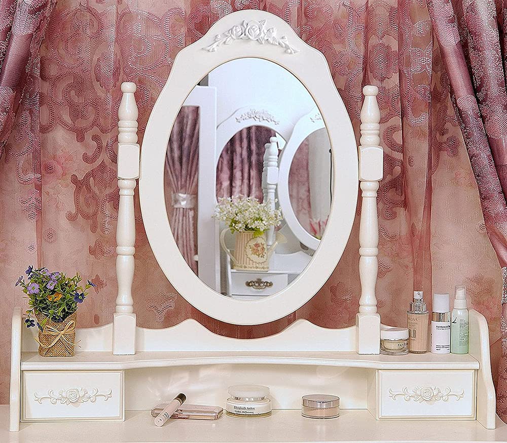 Vanity Table Set, 4 Drawers Makeup Table with Oval Mirror & Stool, Bedroom Wood Dressing Table White - WoodArtSupply