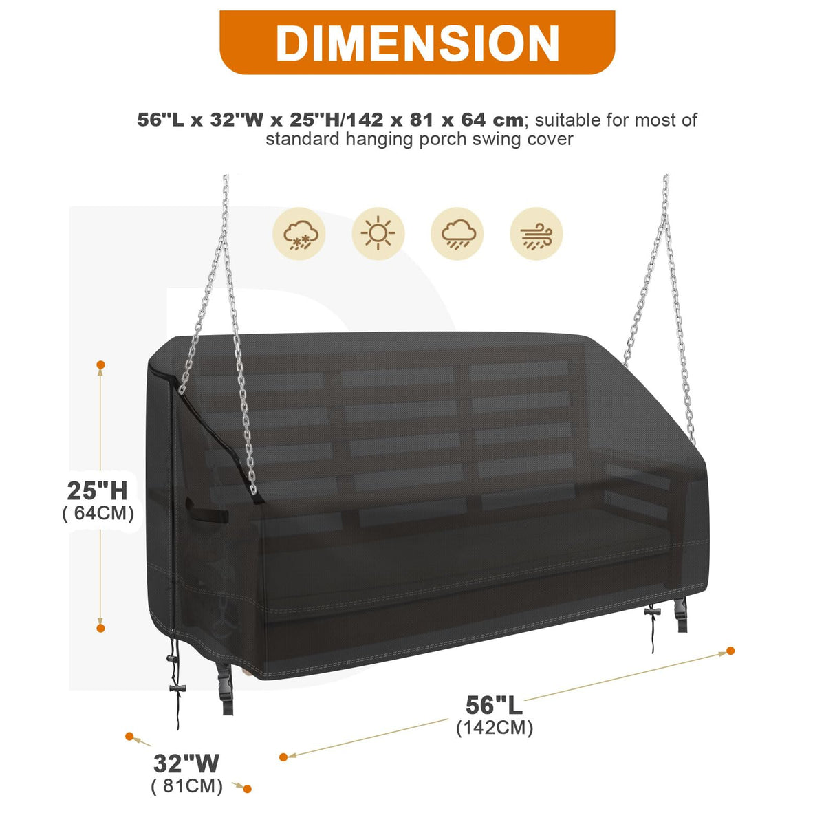 Swing Cover Hanging Porch Swing Cover Waterproof Outdoor Hammock Swing Cover Patio Wooden Yard Swing Chair Cover Replacement 56”Lx32”Wx25”H Black Uthem