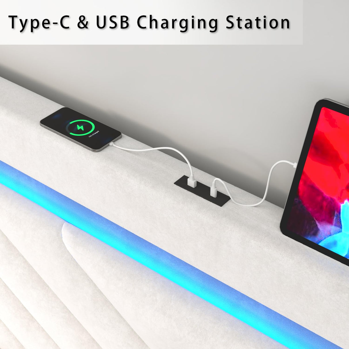 Incyneva Upholstered King Bed Frame with LED Headboard and Storage Drawer, Velvet Platform Bed Frame King Size with Charging Station, Adjustable Headboard, No Box Spring Needed, Off White Incyneva