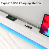 Incyneva Upholstered King Bed Frame with LED Headboard and Storage Drawer, Velvet Platform Bed Frame King Size with Charging Station, Adjustable Headboard, No Box Spring Needed, Off White Incyneva