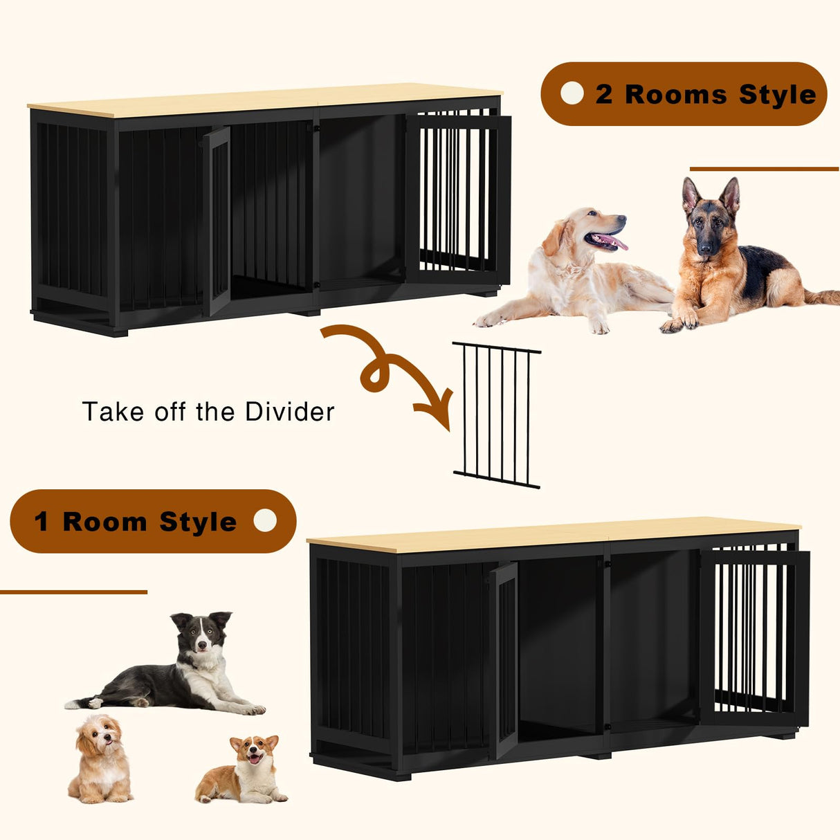DAWNSPACES Dog Crate Furniture 71" Heavy Duty Wooden Large Dog Kennel with Removable Divider & 2 Trays, Indoor Furniture Style Dog Crate House with Double Rooms for Large Medium Small Dogs, Black DAWNSPACES