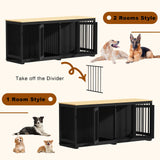 DAWNSPACES Dog Crate Furniture 71" Heavy Duty Wooden Large Dog Kennel with Removable Divider & 2 Trays, Indoor Furniture Style Dog Crate House with Double Rooms for Large Medium Small Dogs, Black DAWNSPACES