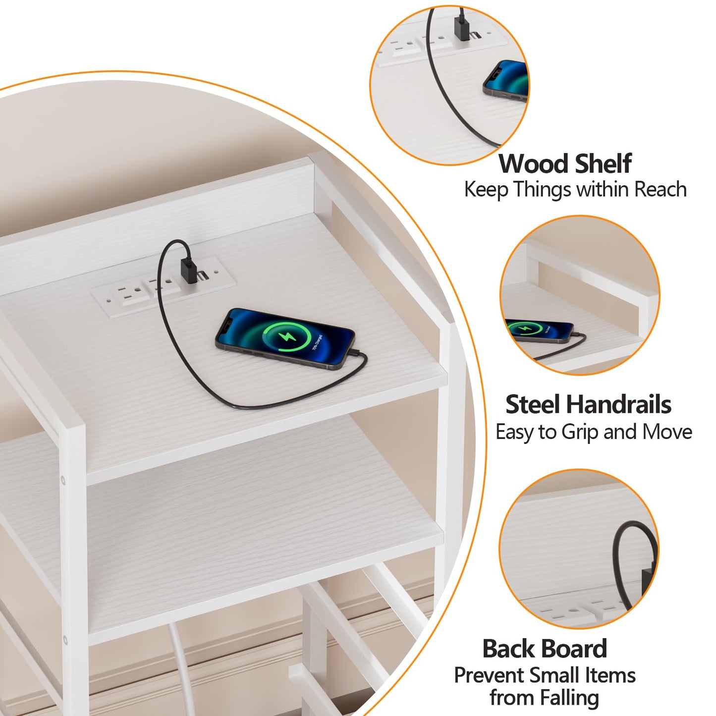 Furnulem White LED Nightstand with 4 Drawers, Charging Station, and Sturdy Metal Frame - WoodArtSupply