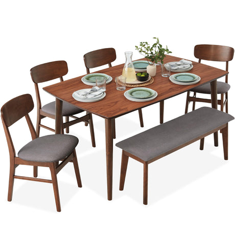 Best Choice Products 6-Piece Wooden Dining Set, Mid-Century Modern Table & Upholstered Chair Set w/Bench Seat, Rubberwood Legs - Walnut/Gray Best Choice Products