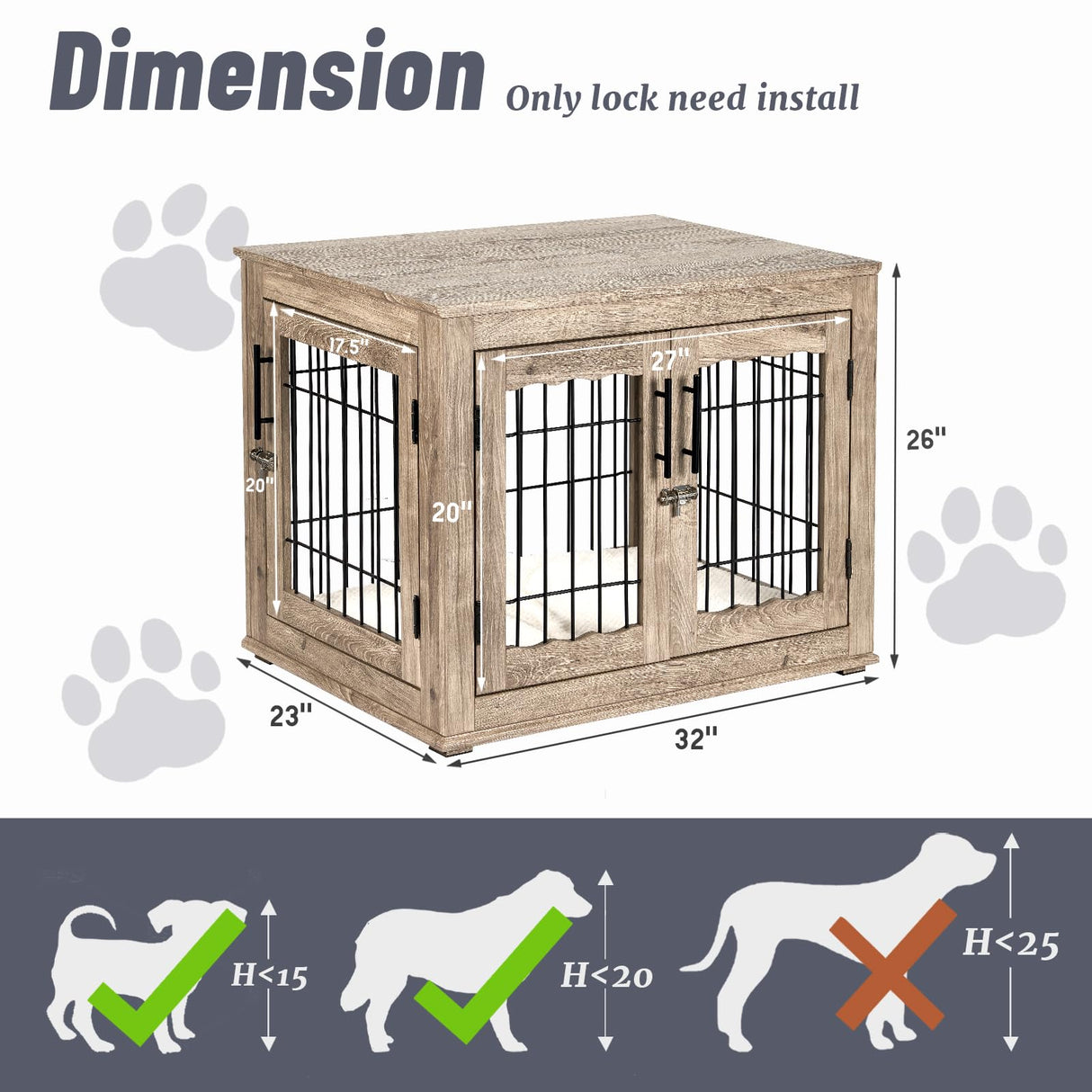 Upolana Dog Crate Furniture with Bed, Wooden Dog Kennel Furniture End Table Dog Crate with 3 Doors, Indoor Solid Wood Dog Cage Upolana