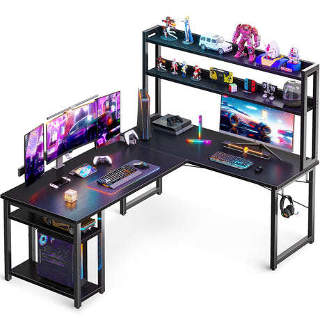 ODK L Shaped Gaming Desk with Hutch, Computer Desk with Storage Shelves, 59" L Shaped Desk for Home Office, Corner Desk with Headphone Hook, Black ODK