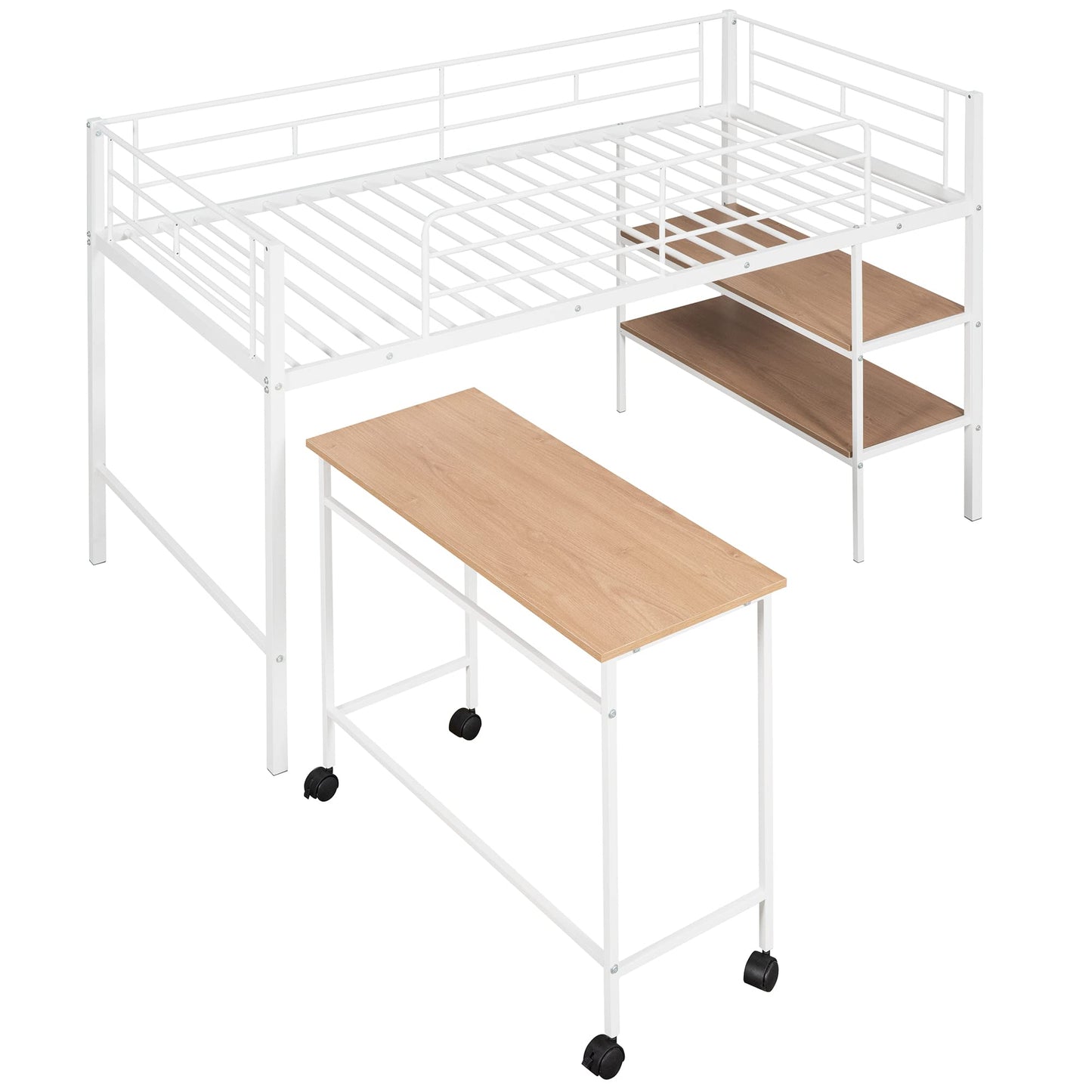 Harper & Bright Designs Low Loft Bed with Desk, Twin Size Metal Loft Bed Frame with Storage Shelves for Kids (Twin Size, White)