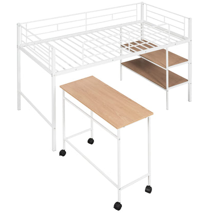 Harper & Bright Designs Low Loft Bed with Desk, Twin Size Metal Loft Bed Frame with Storage Shelves for Kids (Twin Size, White)