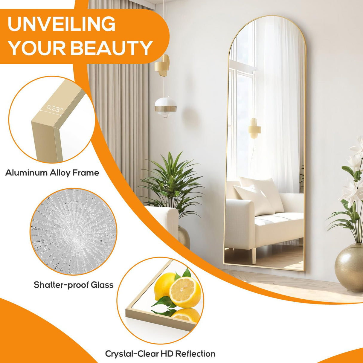 Arched Mirror Full Length, Upgraded 16"x59" Body Wall Mirrors with Shatter-Proof Glass, Floor Standing, Hanging or Leaning, Tall Arch Mirror with Stand Aluminum Alloy Frame for Bedroom Cloakroom Aidoly