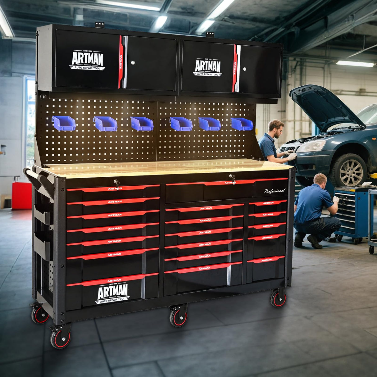 19 Drawers Rolling Tool Chest Large Mobile Workbench Heavy Duty Wood Top Tool Cart on Wheels Mechanic Toolbox Storage Cabinet for Garage, Workshop, Warehouse, Laboratory, with 2 Upper Cabinets WTRAVEL