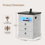 Lvifur Farmhouse Nightstand with Gun Drawer, Human Sensor LED Bedside Table with LED Lights & Charging Station, Rustic Wood Sofa Side End Table with 3 Drawers for Bedroom (Antique White) Lvifur