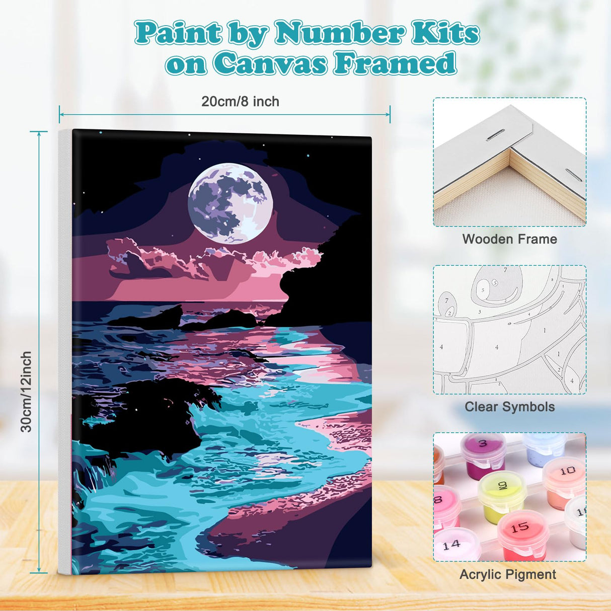 MOGTAA Moon Night Paint by Number Kit for Adults Beginners Framed, Adult Paint by Number Kits On Canvas, Easy Adults' Paint-by-Number Kits, DIY Seaside Oil Painting Kits for Home Decor, 8x12in MOGTAA