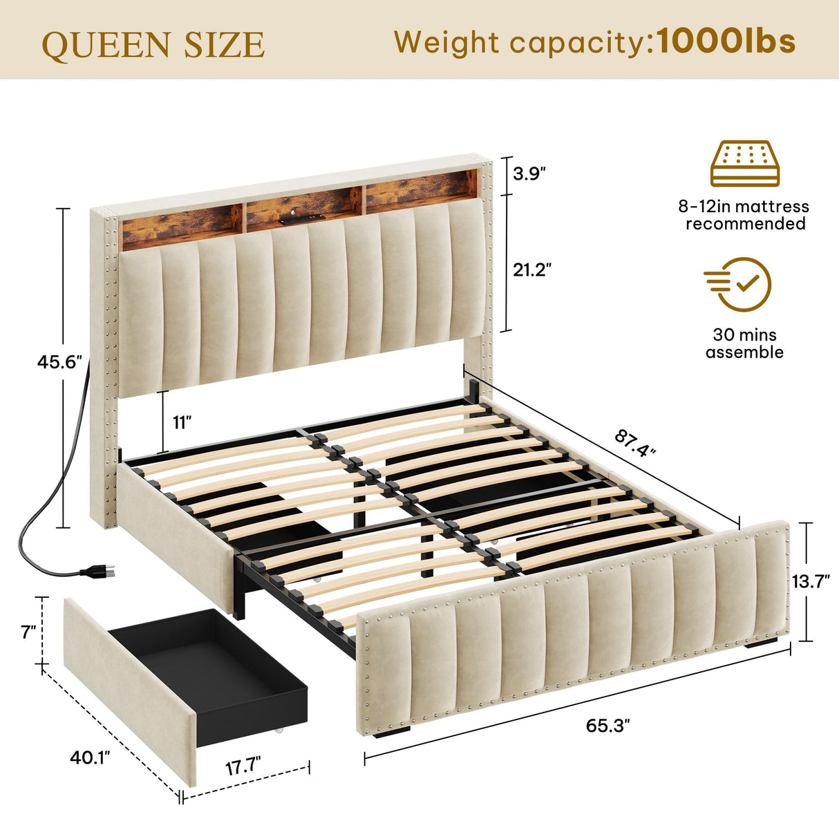 DWVO Queen Size Bed Frame with 4 Storage Drawers and RGB LED Lights, Velvet Upholstered Platform Bed with Charging Station and Storage Headboard, No Box Spring Needed, Easy Assembly, Beige DWVO