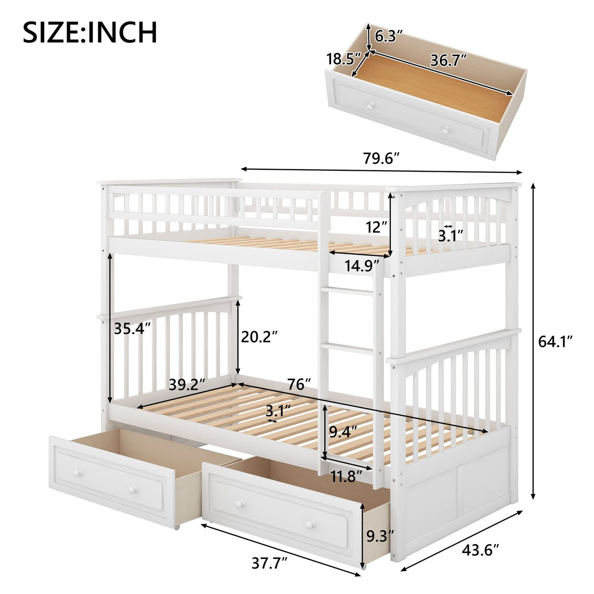 Harper & Bright Convertible Wood Twin-Over-Twin Bunk Bed with Storage Drawers and Ladder - Can Be Divided Into Two Daybeds (White) Harper & Bright Designs